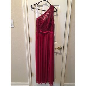 David's Bridal Long One Shoulder Lace Apple Red